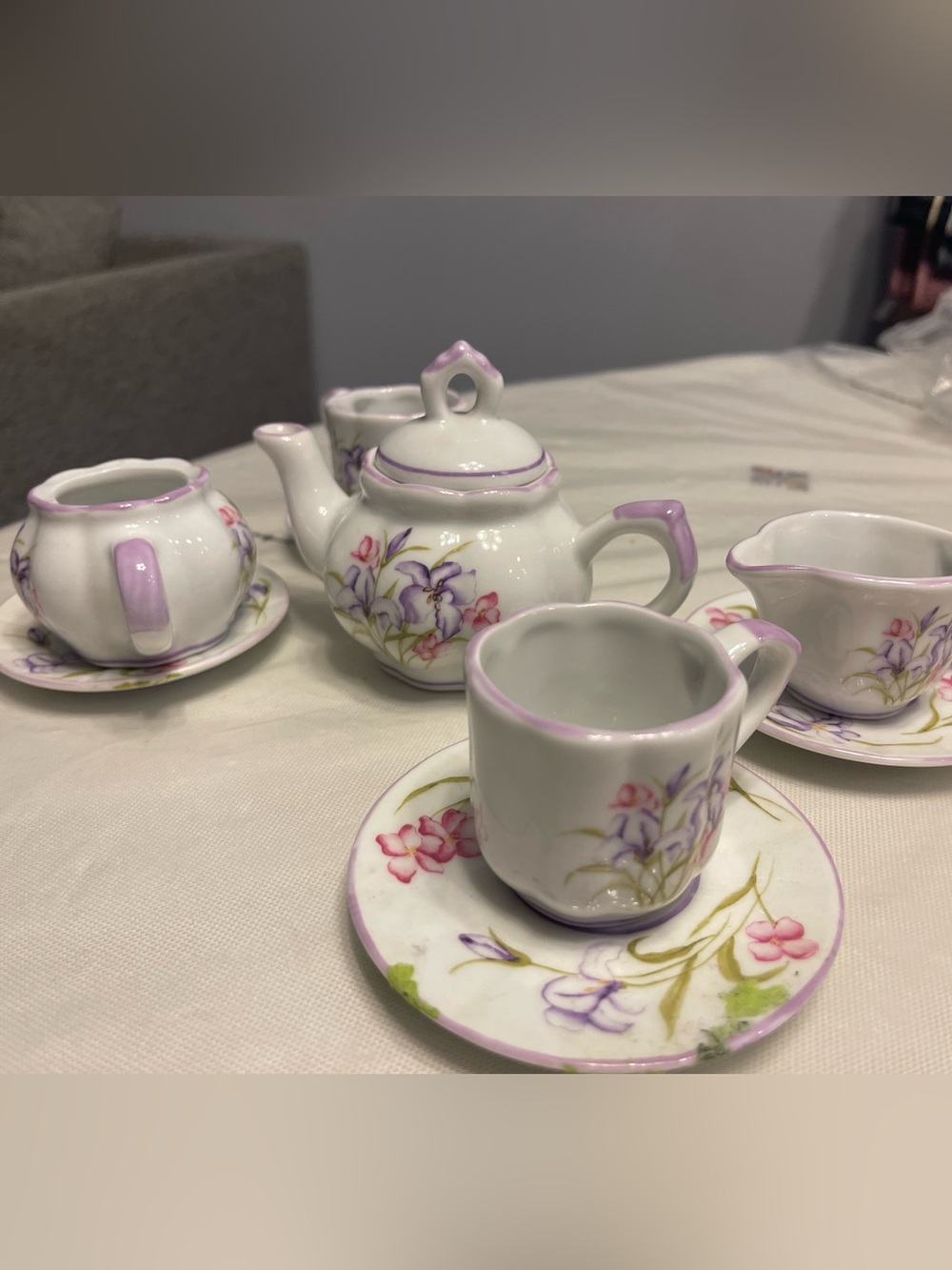 Delton Products Porcelain Miniature Tea Set Purple Floral Iris